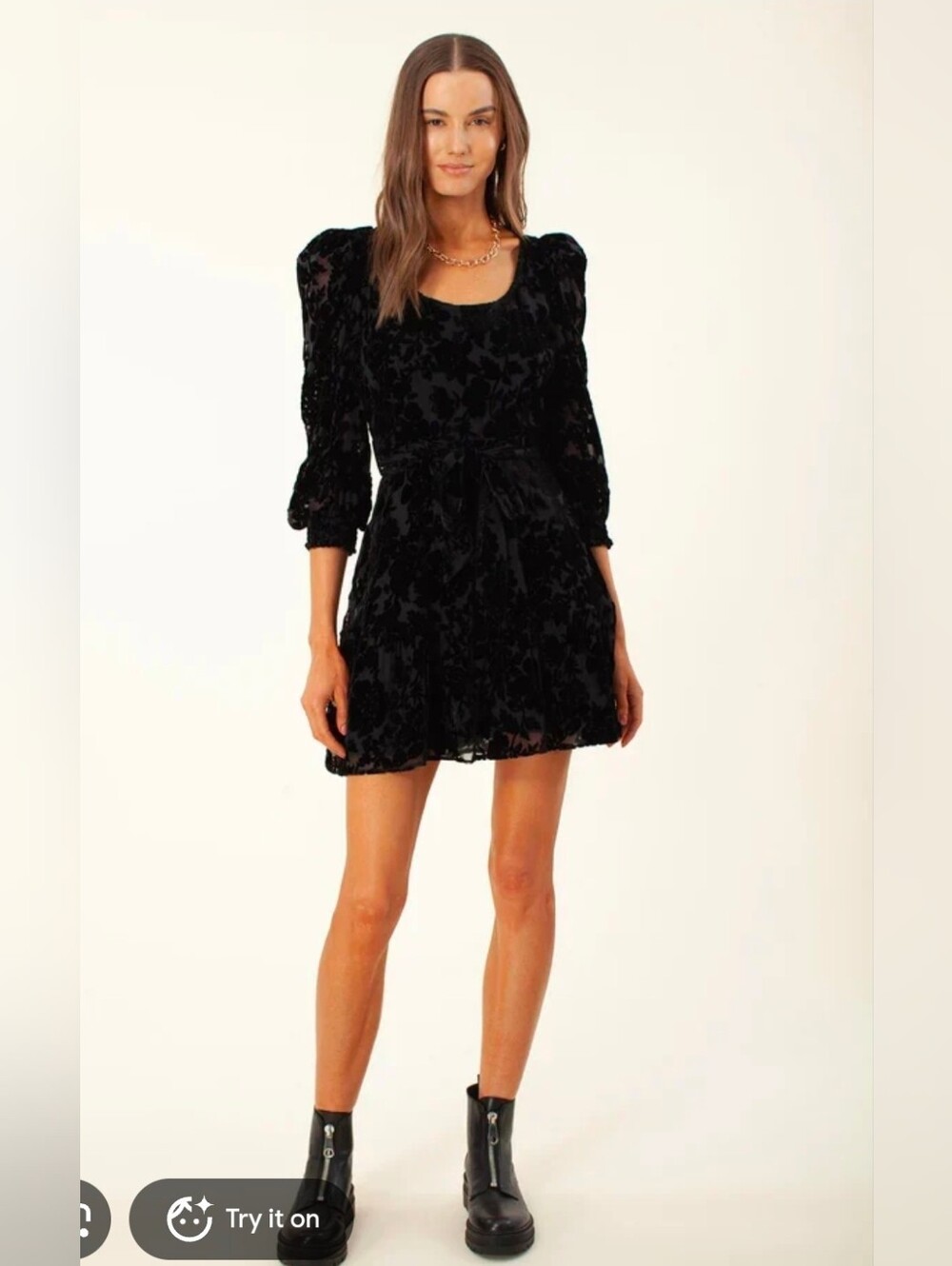 Hale Bob Women’s talora solid silk dress black velvet Smocked puff sleeves L